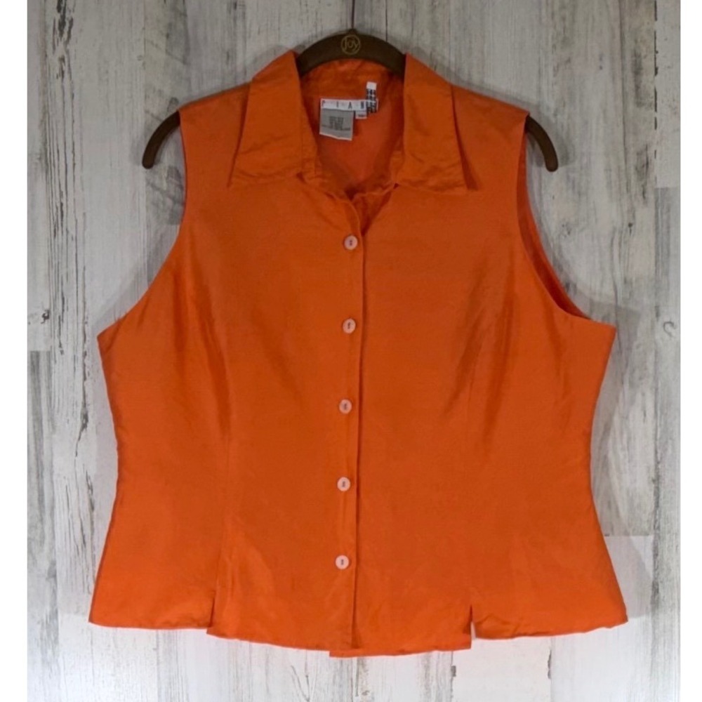 Piano Silk Sleeveless Button Up Blouse Vest Size 14 Orange Collared Career
